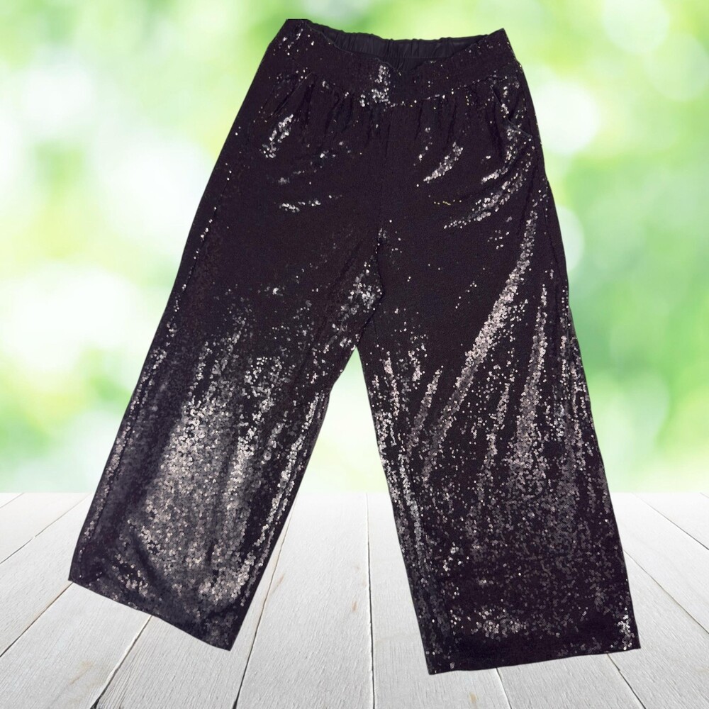 New LANE BRYANT Sequin Wide Leg Dress Pants Black Pull On Cocktail Lined Size 16